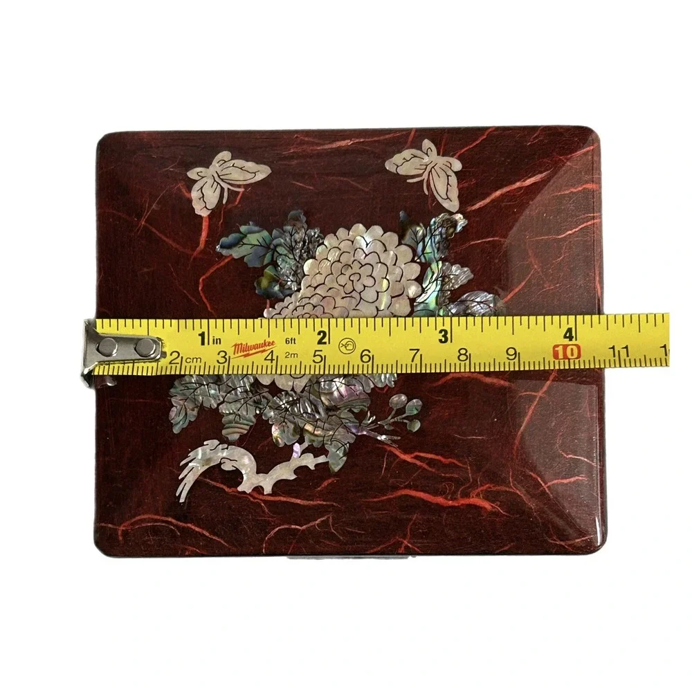 Trinket Box Lacquer Wooden Box Mother of Pearl Inlay Asian Mirror Turtle Latch - Picture 10 of 13